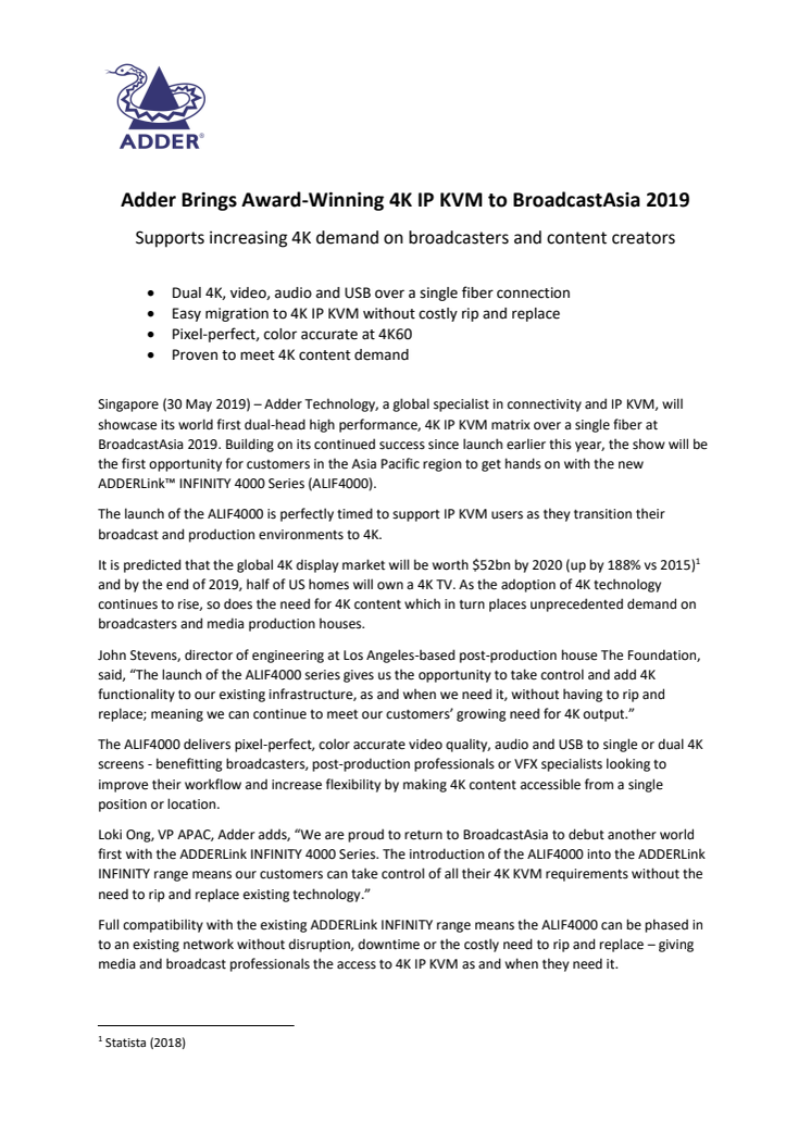 Adder Brings Award-Winning 4K IP KVM to BroadcastAsia 2019