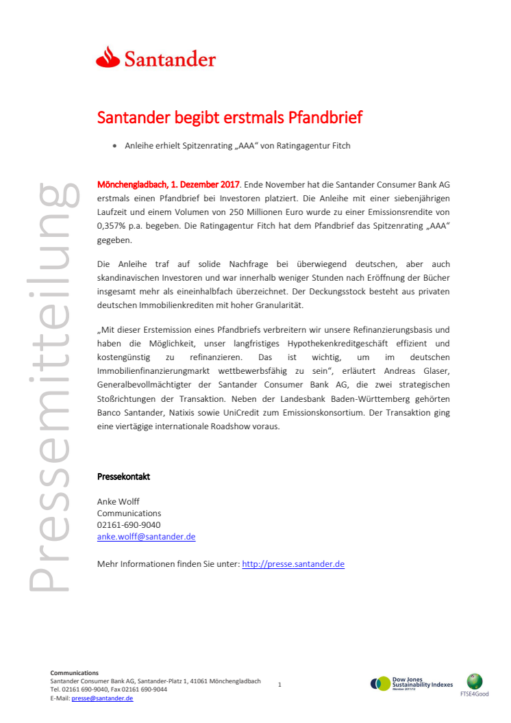 Santander begibt erstmals Pfandbrief 