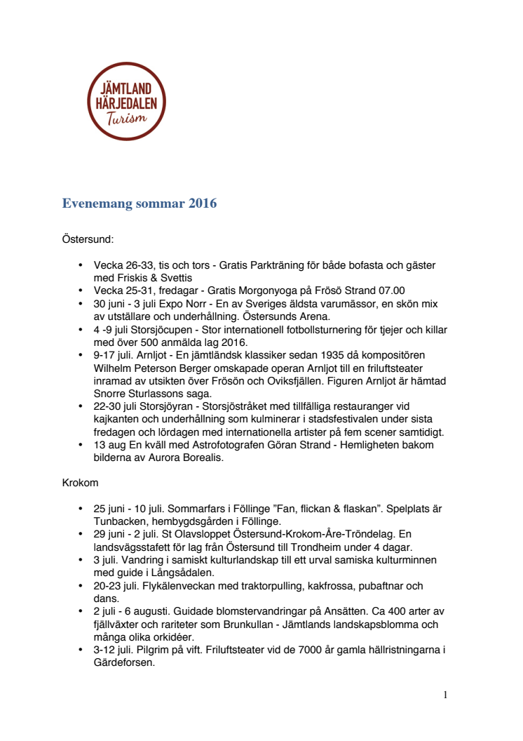 Evenemangskalender Jämtland Härjedalen sommar 2016