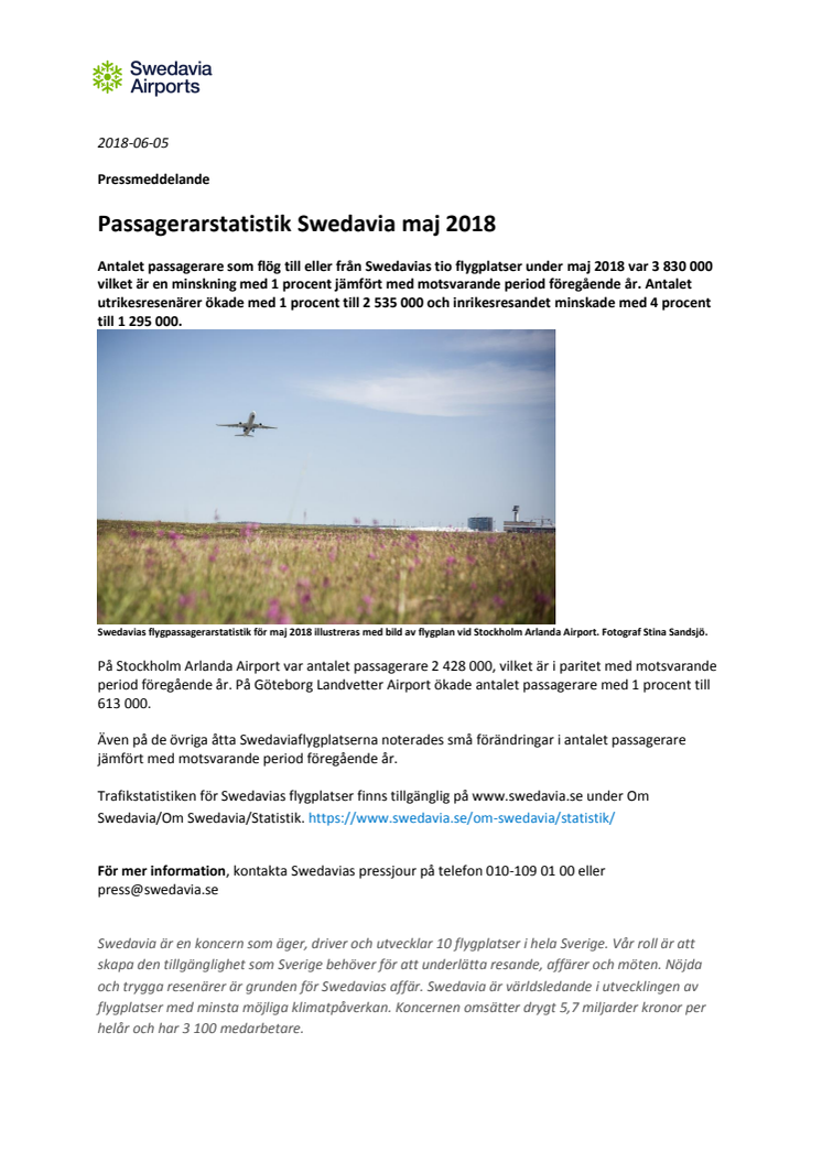 Passagerarstatistik Swedavia maj 2018