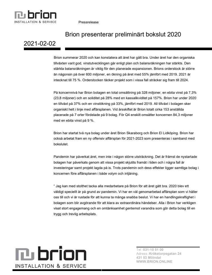 Brion presenterar preliminärt bokslut 2020