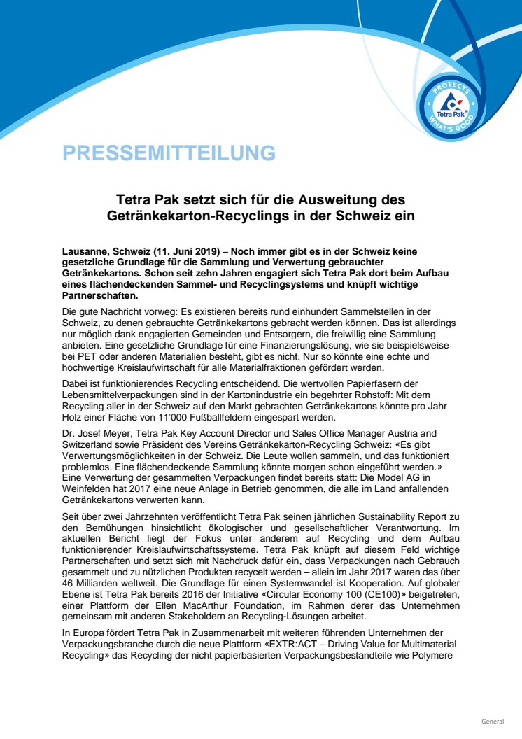 Tetra Pak setzt sich für die Ausweitung des Getränkekarton-Recyclings in der Schweiz ein