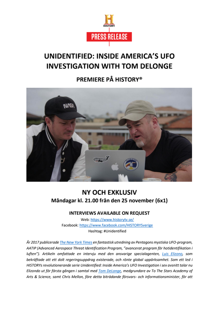 Press Release - Unidentified: Inside America's UFO Investigation
