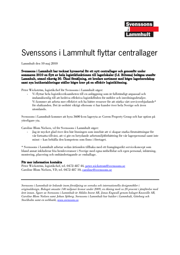 Svenssons i Lammhult flyttar centrallager