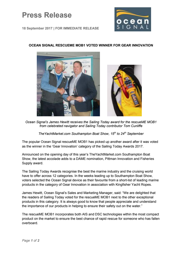 Ocean Signal rescueME MOB1 Voted Winner for Gear Innovation