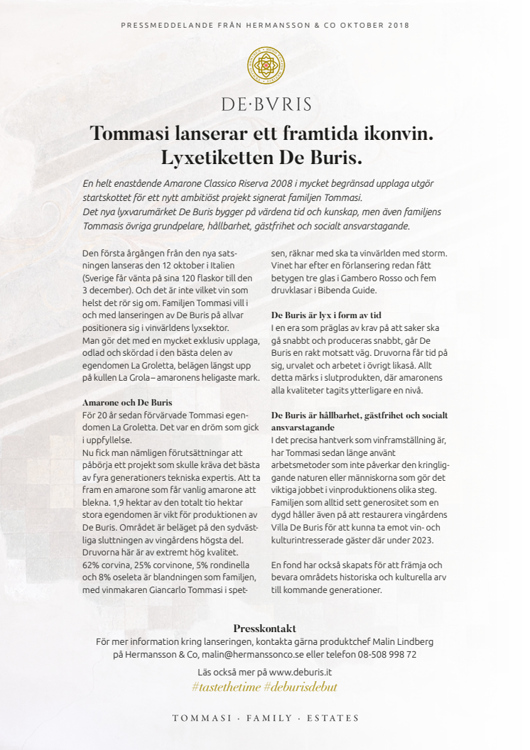 Tommasi lanserar ett framtida ikonvin. Lyxetiketten De Buris.