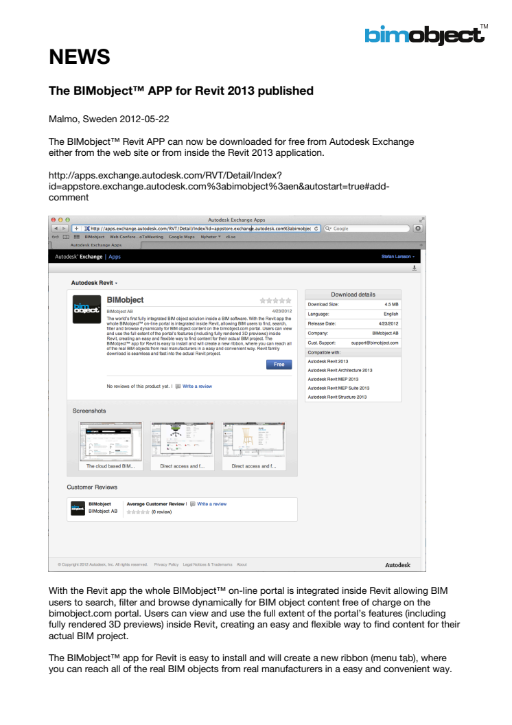 The BIMobject™ APP for Autodesk Revit 2013 published