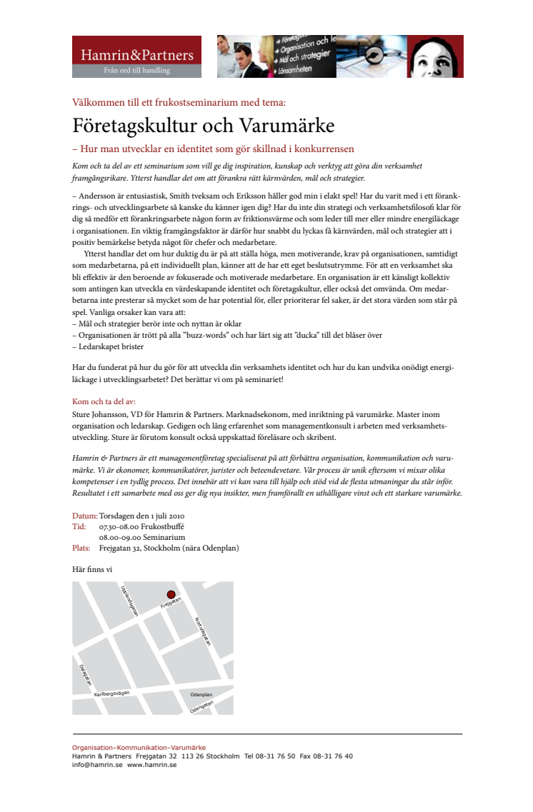 Hamrin & Partners inbjuder till frukostseminariet "Företagskultur och Varumärke" den 1 juli