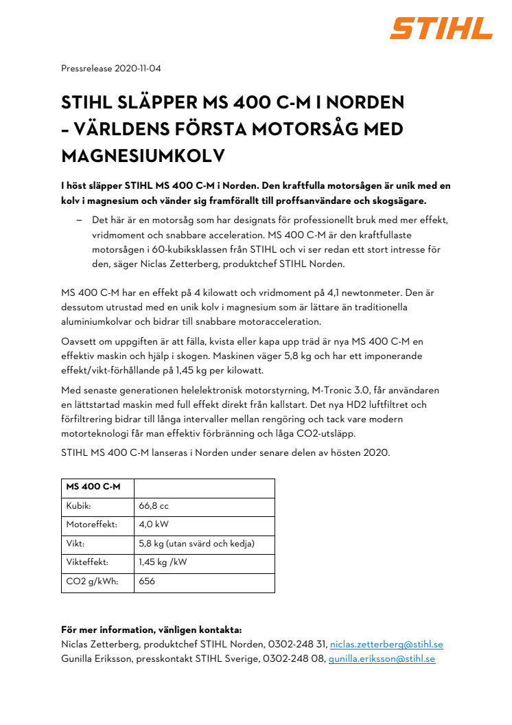 STIHL släpper MS 400 C-M i Norden – världens första motorsåg med magnesiumkolv