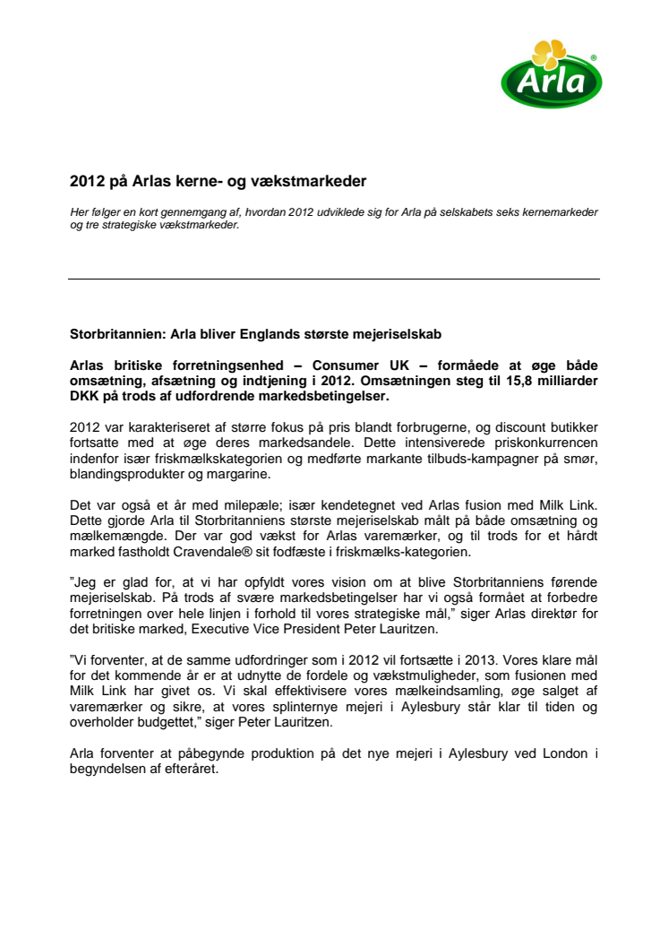 Arla regnskab 2012: kerne- og vækstmarkeder