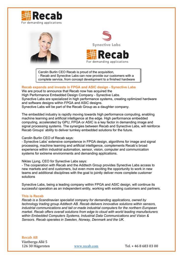 Recab expands and invests in FPGA and ASIC design - Synective Labs