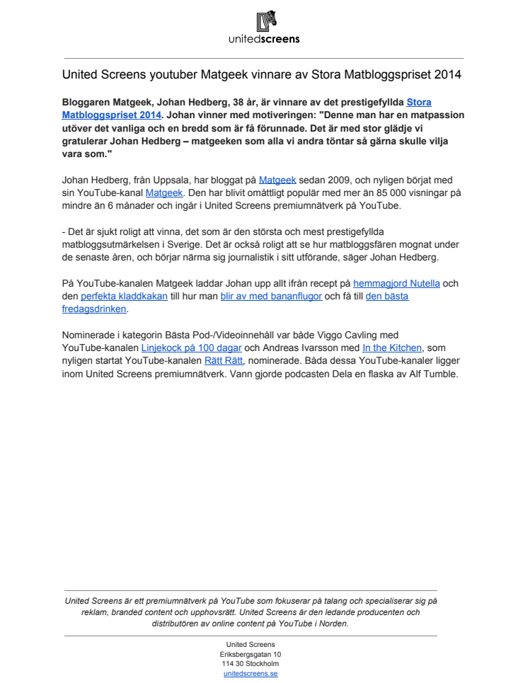 United Screens youtuber Matgeek vinnare av Stora Matbloggspriset 2014 