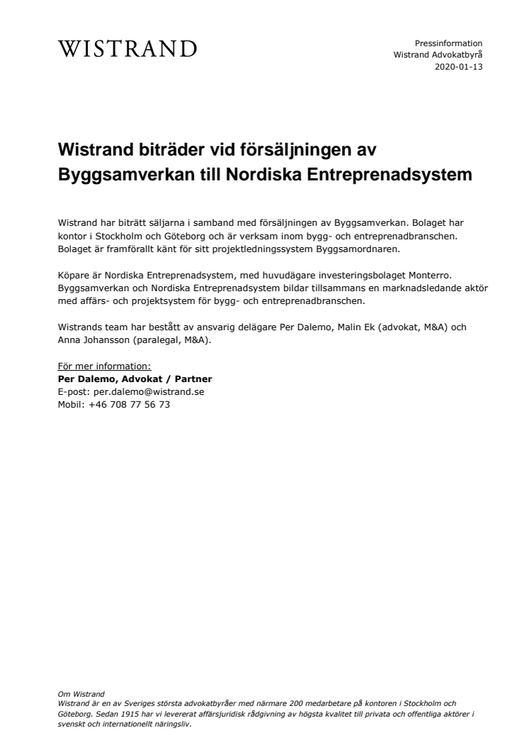 Wistrand biträder vid försäljningen av Byggsamverkan till Nordiska Entreprenadsystem