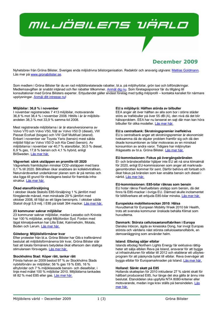 Gröna Bilisters nyhetsbrev för december 2009
