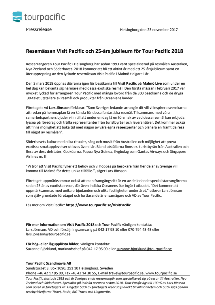 ​Resemässan Visit Pacific  och 25-års jubileum i pipeline för Tour Pacific 2018