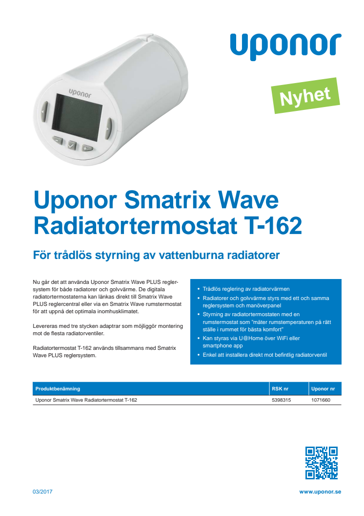 Uponor Smatrix Wave Radiatortermostat T-162 för trådlös styrning av vattenburna radiatorer