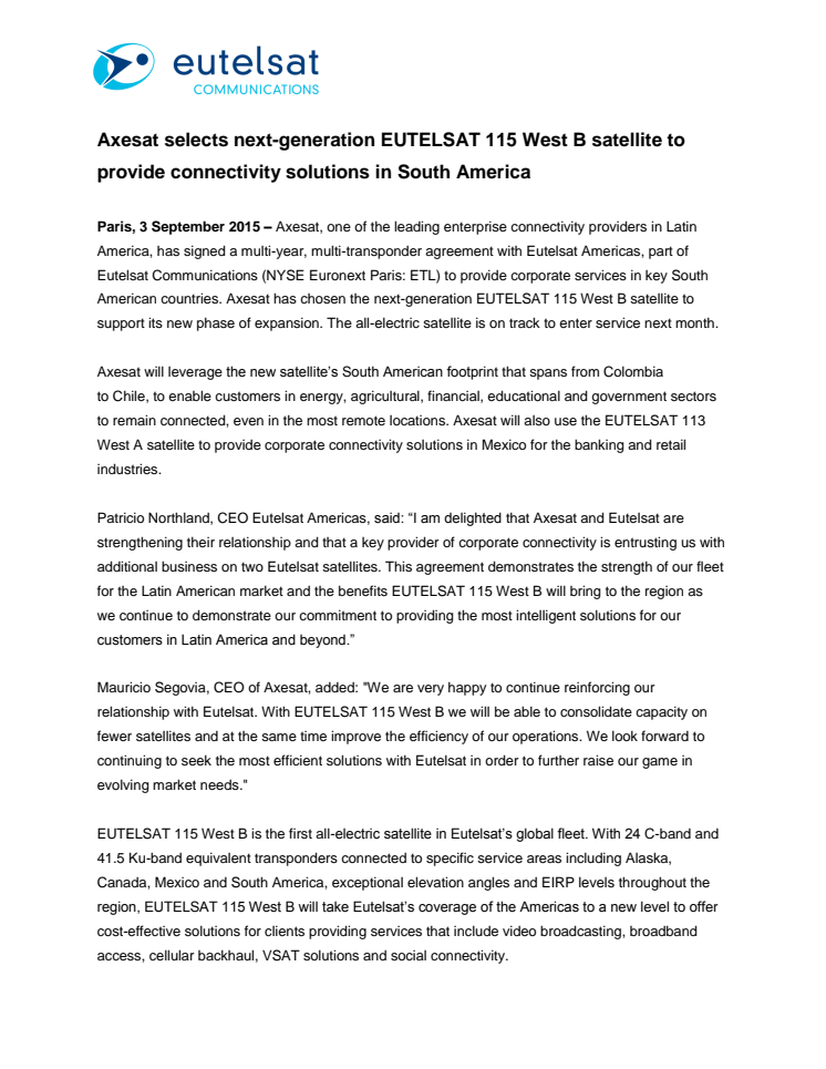 Axesat selects next-generation EUTELSAT 115 West B satellite to provide connectivity solutions in South America