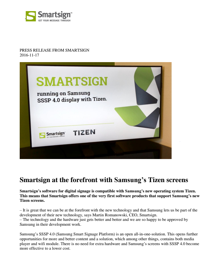 Smartsign at the forefront with Samsung’s Tizen screens