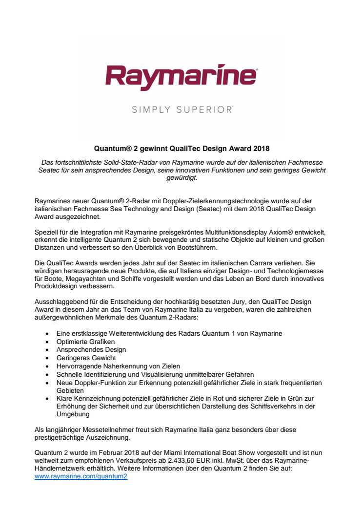 Raymarine: Quantum® 2 gewinnt QualiTec Design Award 2018 