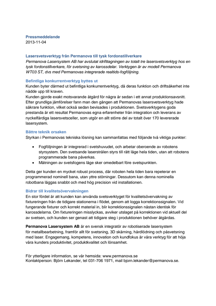 Lasersvetsverktyg från Permanova till tysk fordonstillverkare
