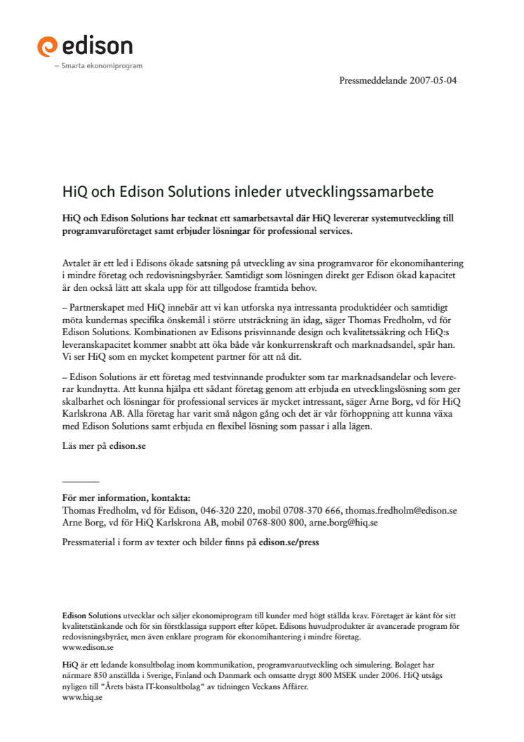 HiQ och Edison Solutions inleder utvecklingssamarbete
