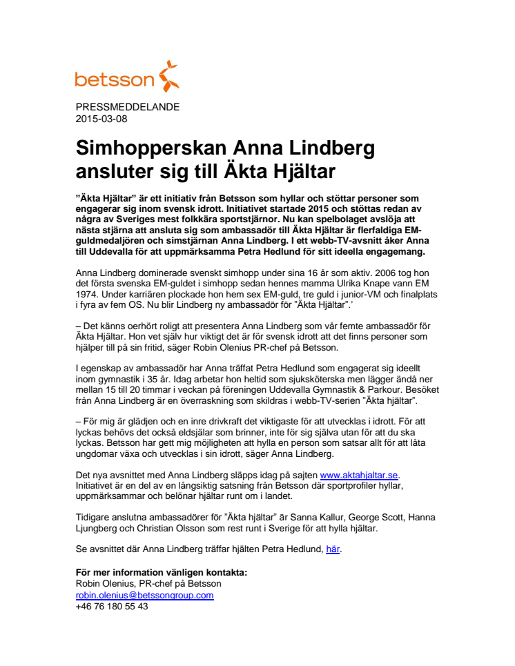 Simhopperskan Anna Lindberg ansluter sig till Äkta Hjältar