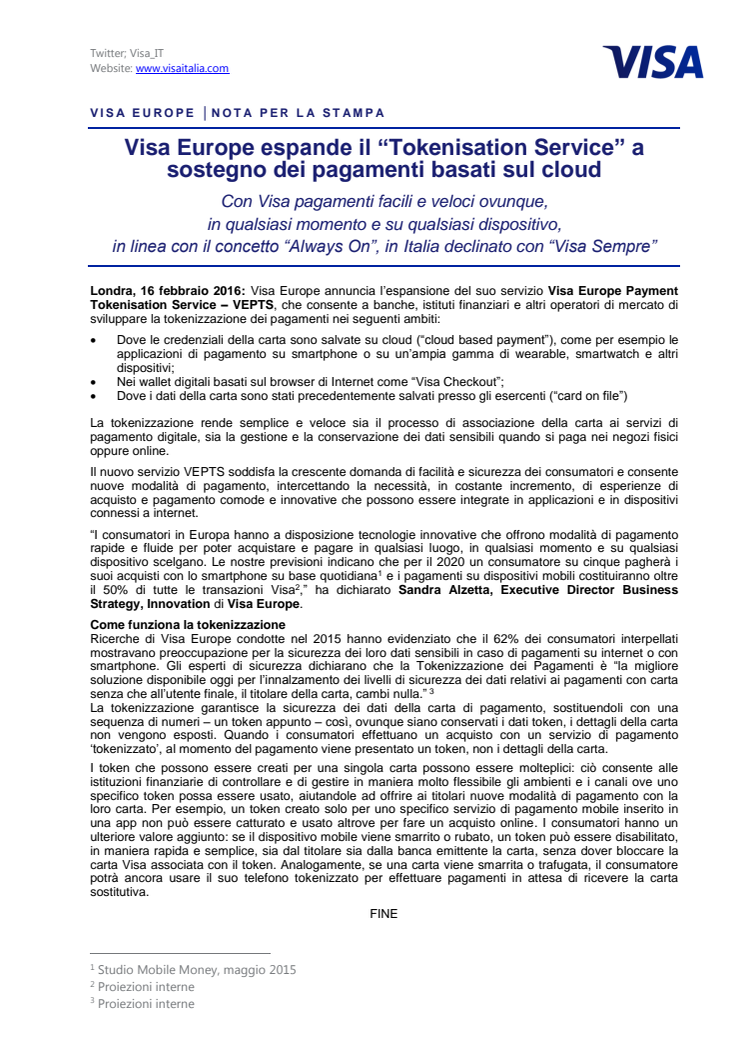 Visa Europe espande il “Tokenisation Service” a sostegno dei pagamenti basati sul cloud 