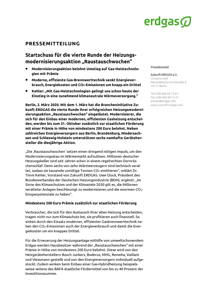 Startschuss für die vierte Runde der Heizungsmodernisierungsaktion „Raustauschwochen“ 