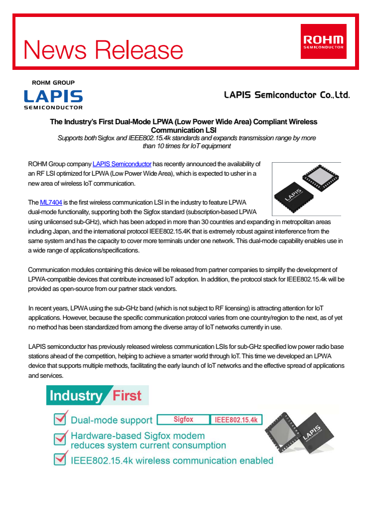 The Industry’s First Dual-Mode LPWA (Low Power Wide Area) Compliant Wireless Communication LSI--Supports both Sigfox and IEEE802.15.4k standards and expands transmission range by more than 10 times for IoT equipment