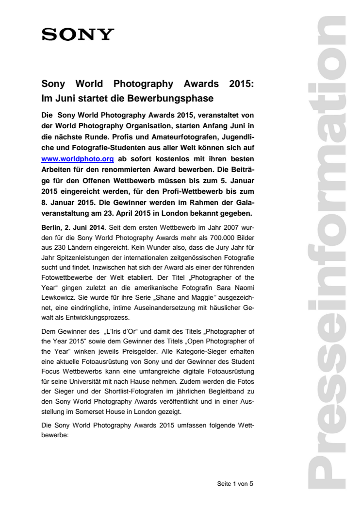 Sony World Photography Awards 2015: Im Juni startet die Bewerbungsphase