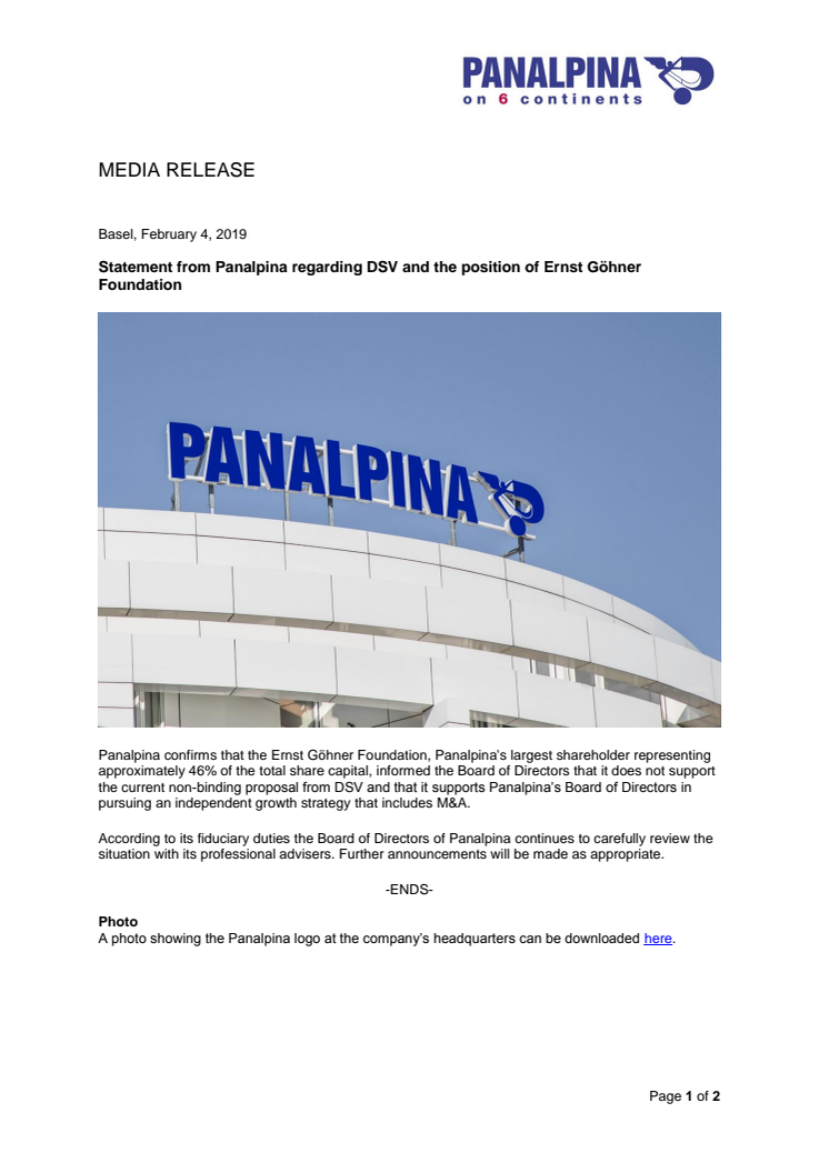 Statement from Panalpina regarding DSV and the position of Ernst Göhner Foundation