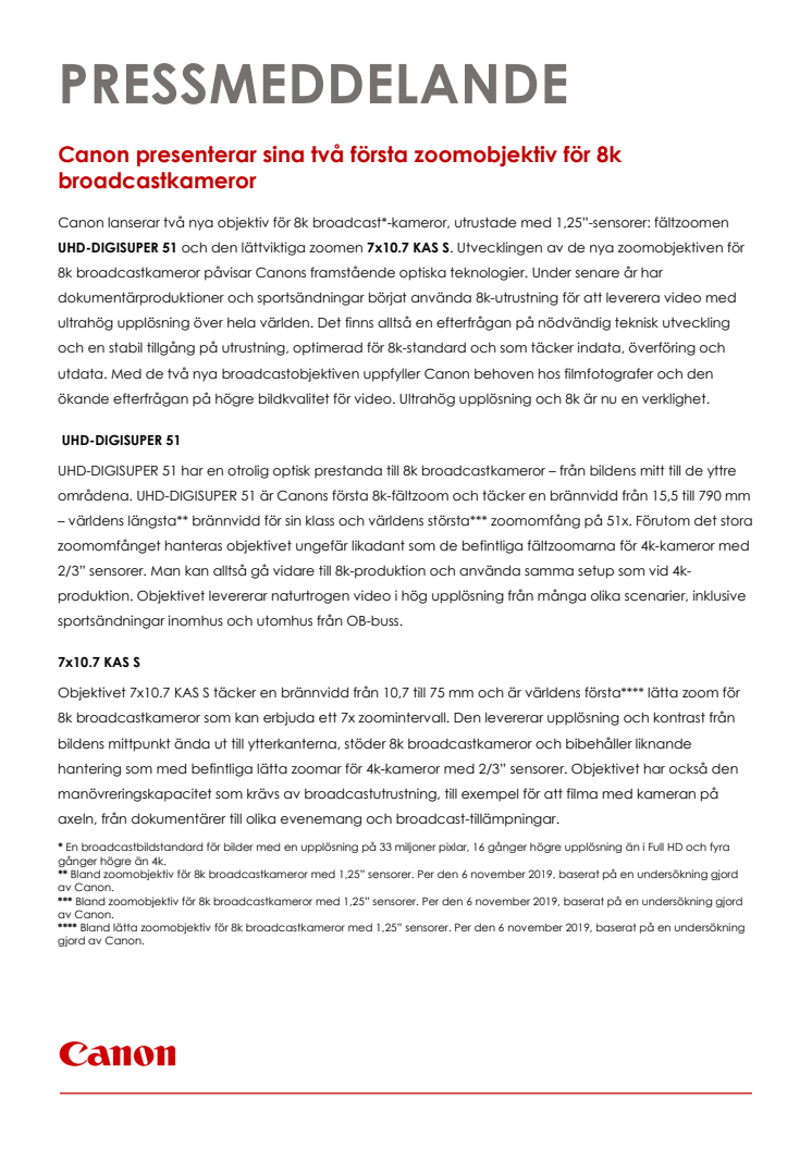 Canon presenterar sina två första zoomobjektiv för 8k broadcastkameror