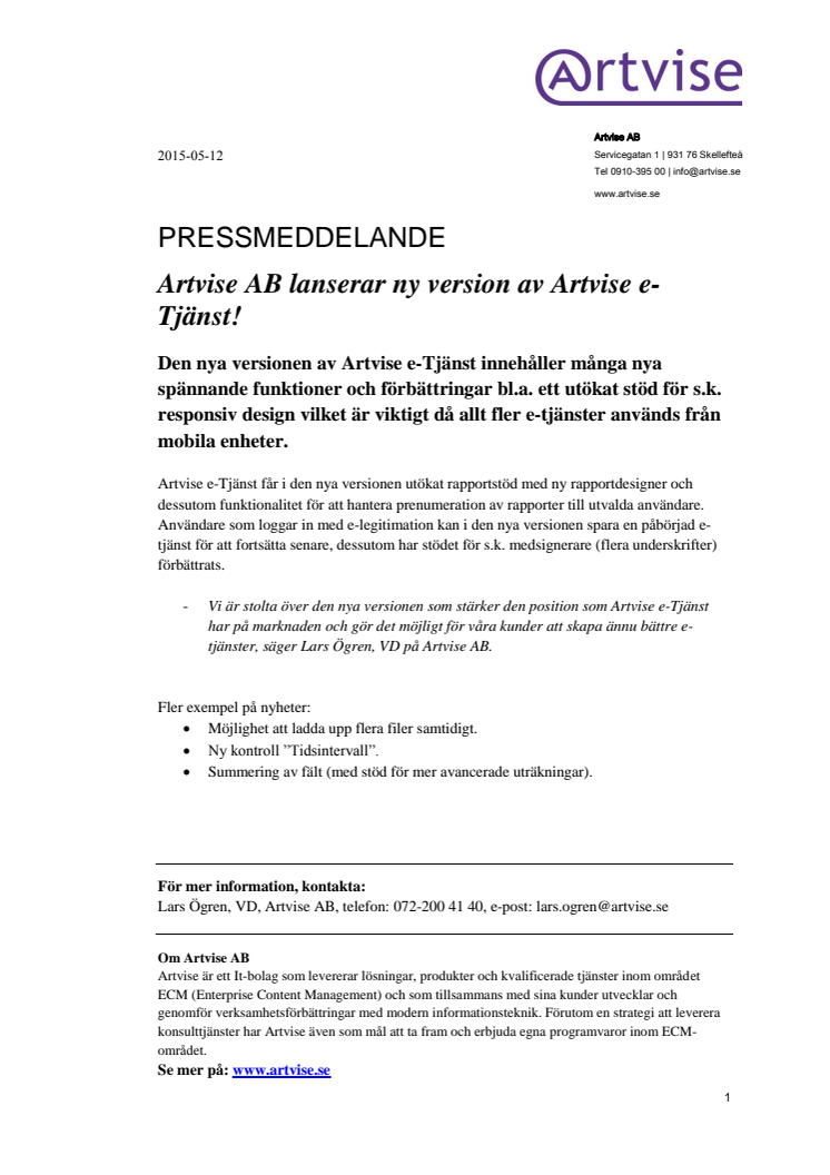Artvise AB lanserar ny version av Artvise e-Tjänst!