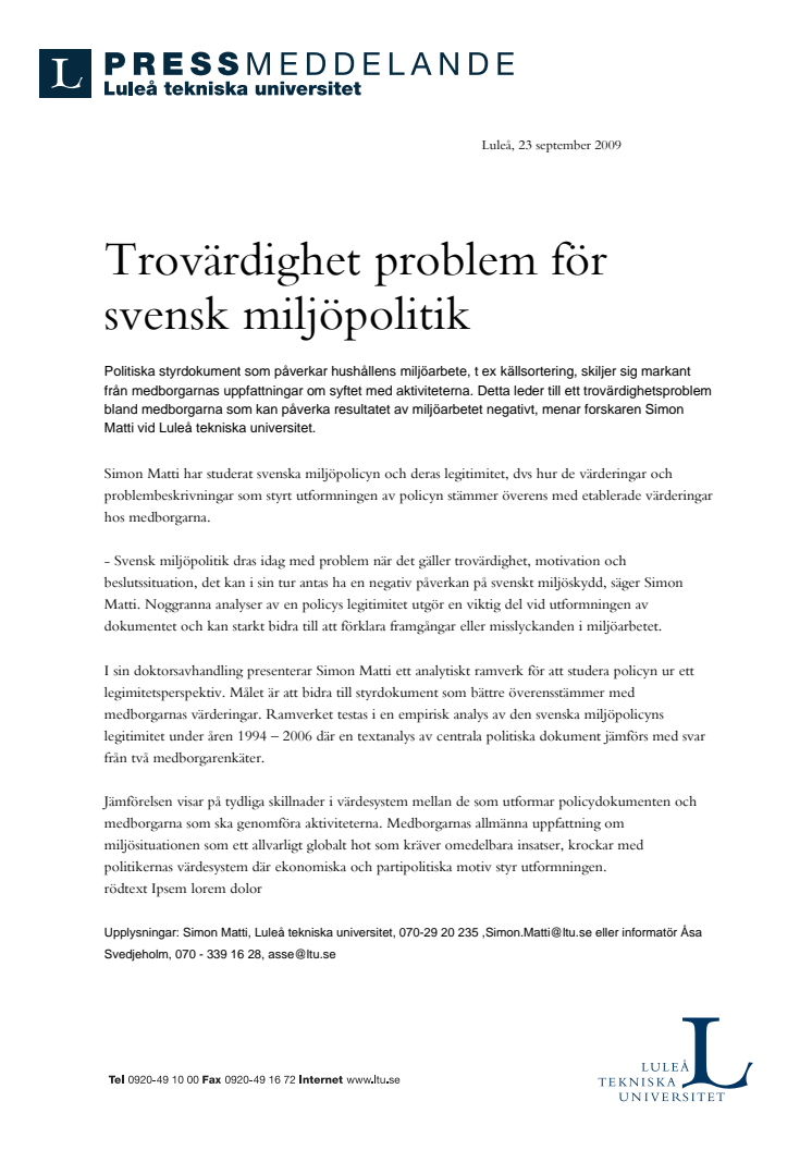 Trovärdighet problem för svensk miljöpolitik