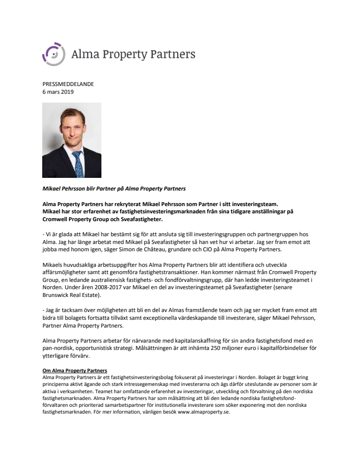 Mikael Pehrsson blir Partner på Alma Property Partners 