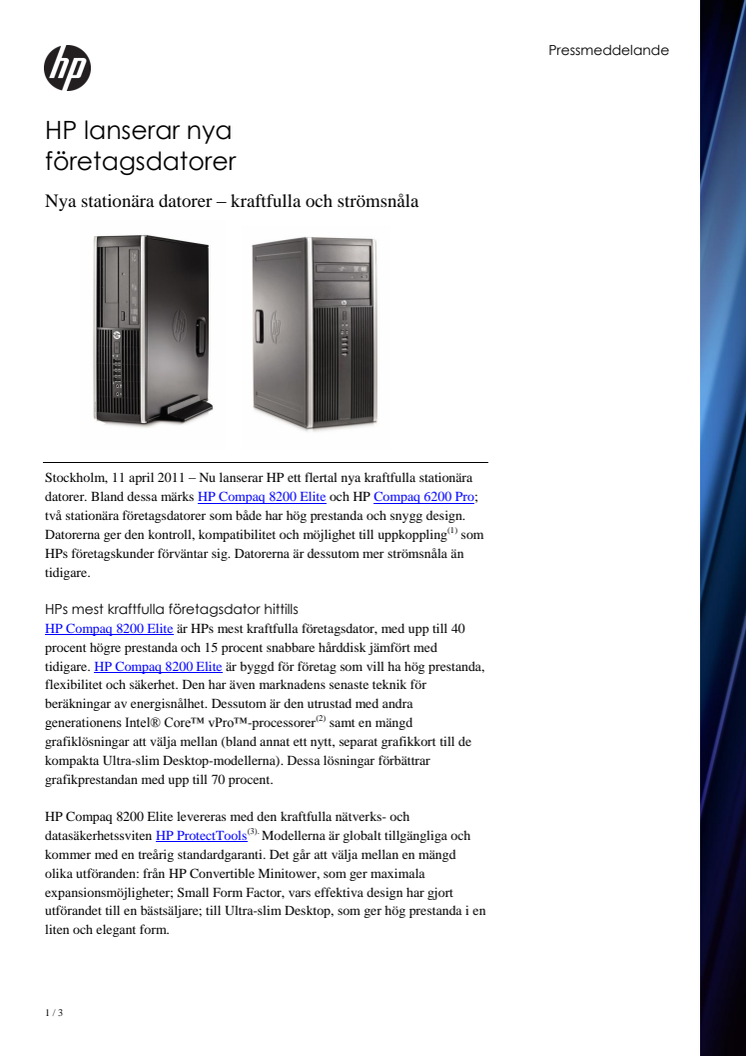 HP lanserar nya företagsdatorer. Nya stationära datorer – kraftfulla och strömsnåla