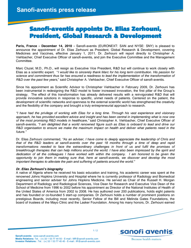 Sanofi-aventis appoints Dr. Elias Zerhouni, President, Global Research & Development 