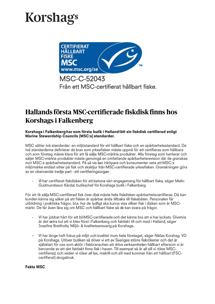 Hallands första MSC-certifierade fiskdisk finns hos Korshags i Falkenberg