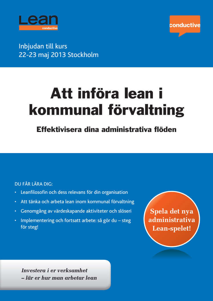 Att införa lean i kommunal förvaltning, kurs i Stockholm 22-23 maj 2013
