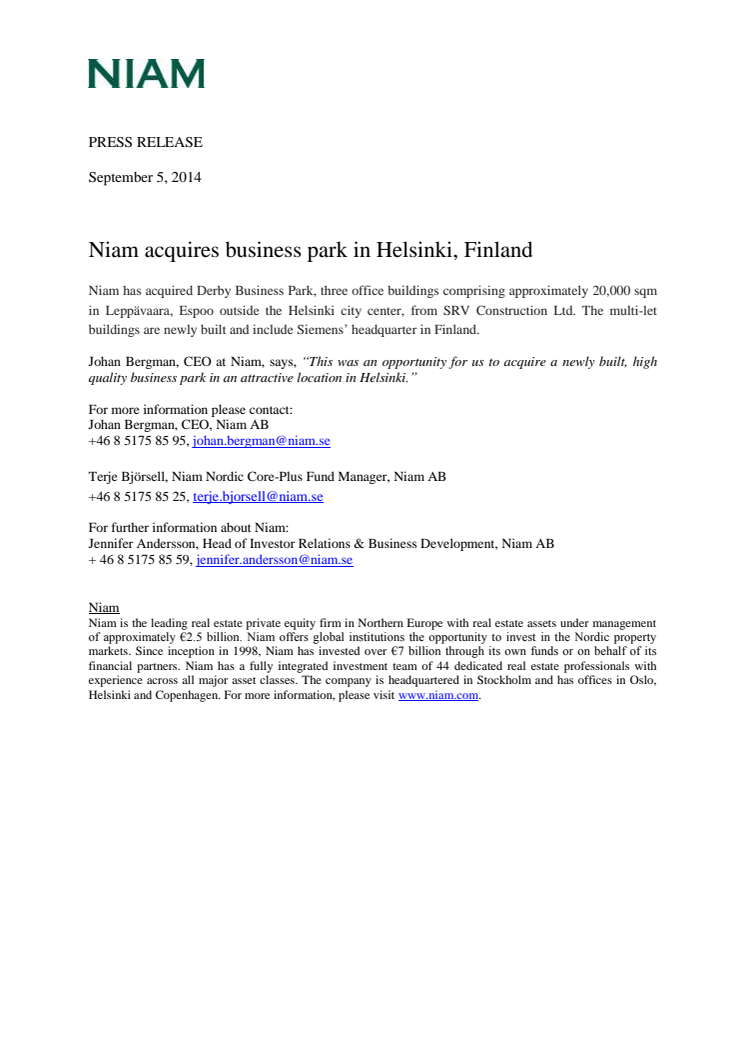 Niam acquires business park in Helsinki, Finland