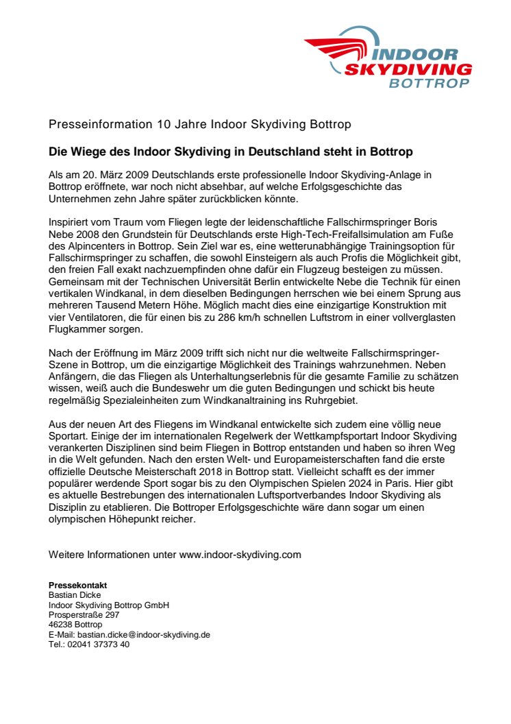 Presseinformation 10 Jahre Indoor Skydiving Bottrop