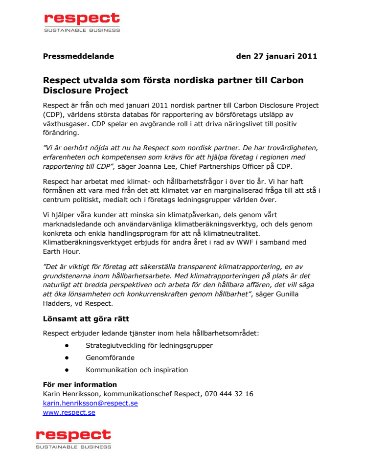 Respect utvalda som första nordiska partner till Carbon Disclosure Project