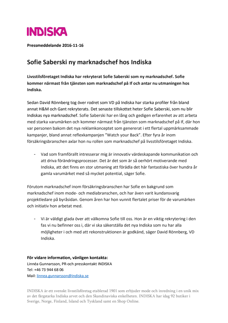 Sofie Saberski ny marknadschef hos Indiska