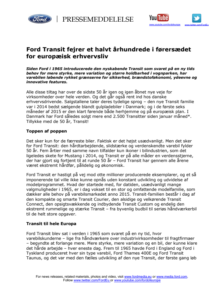 Ford Transit fejrer et halvt århundrede i førersædet for europæisk erhvervsliv