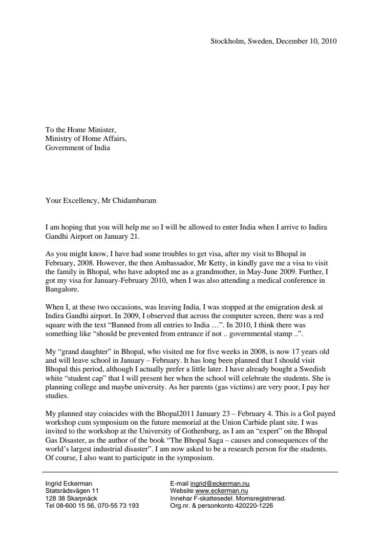 Letter to the Minister of Home Affairs, December 2010