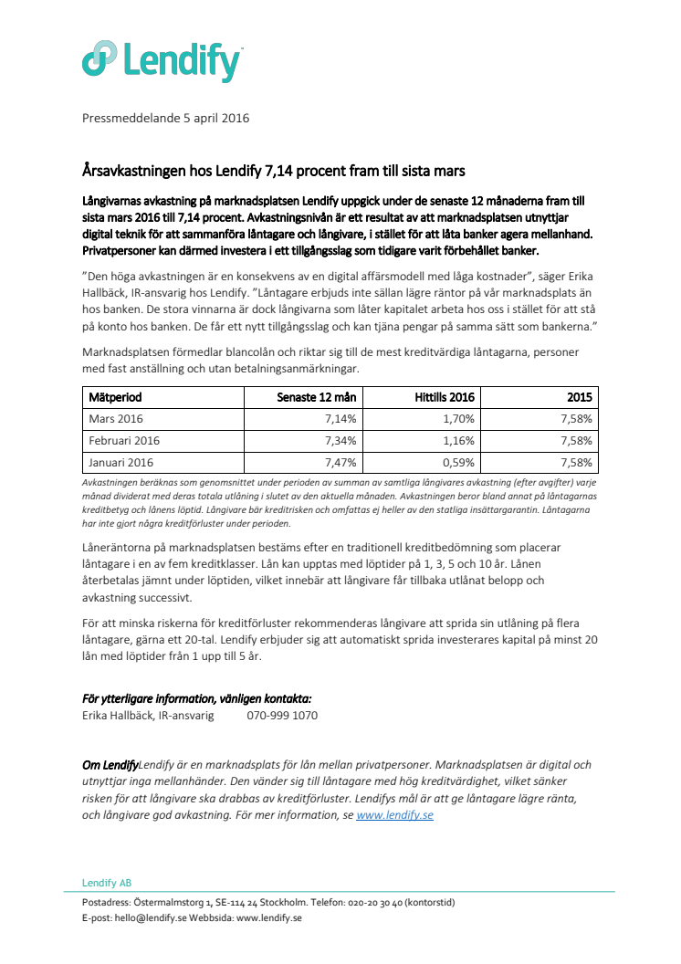 Årsavkastningen hos Lendify 7,14 procent fram till sista mars