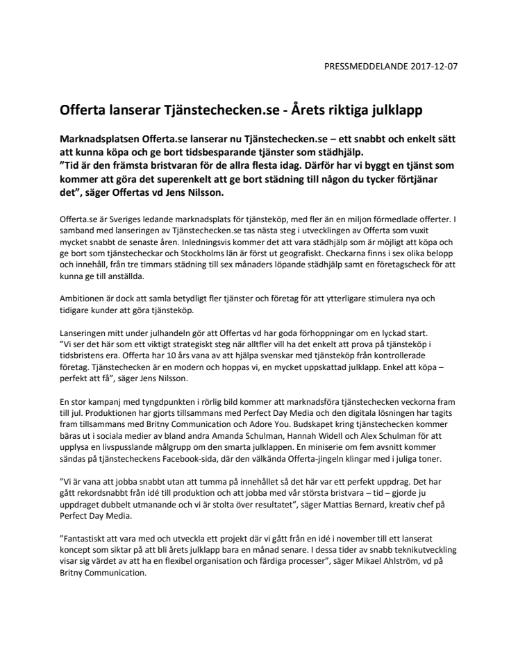 Offerta lanserar Tjänstechecken.se - Årets riktiga julklapp 