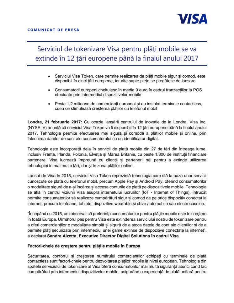 Serviciul de tokenizare Visa pentru plăți mobile se va extinde în 12 țări europene până la finalul anului 2017