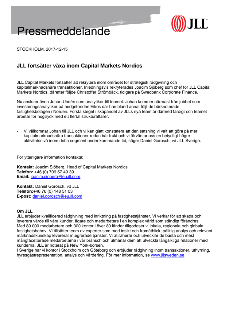 JLL fortsätter växa inom Capital Markets Nordics 