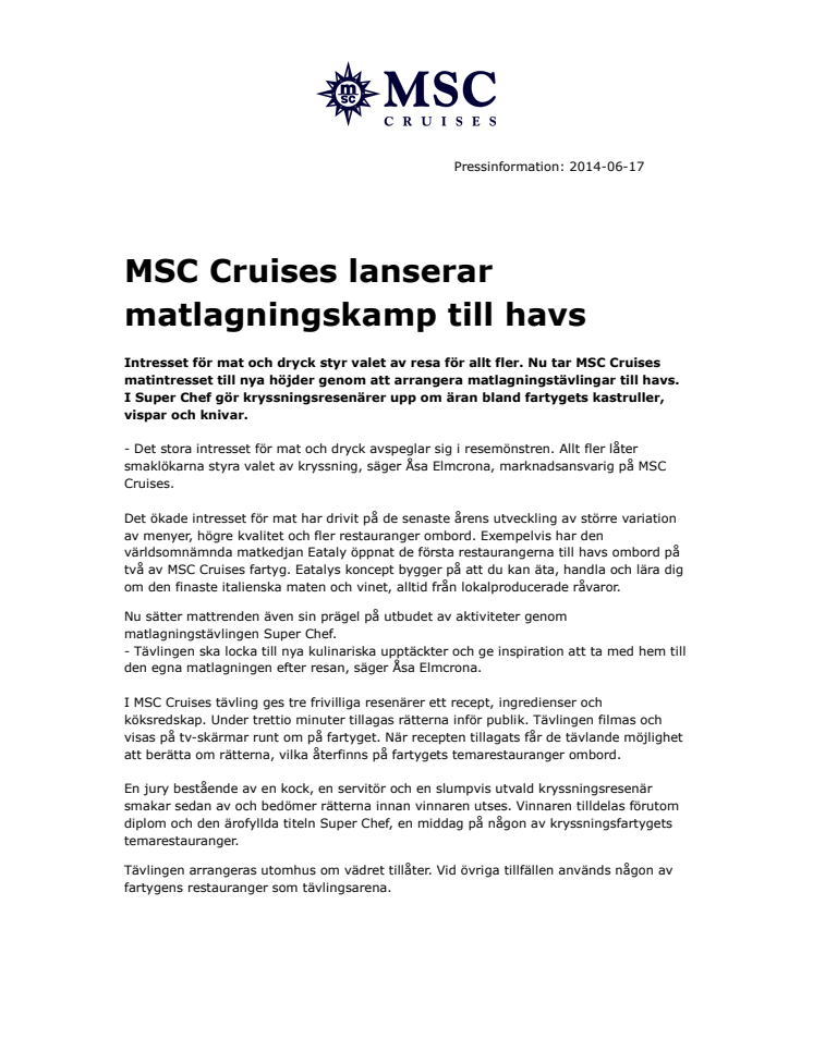 MSC Cruises lanserar matlagningskamp till havs